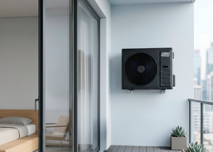 Tecnología Inverter residencial — destacada home ADINA Condensadora inverter ADINA en balcón de departamento urbano.